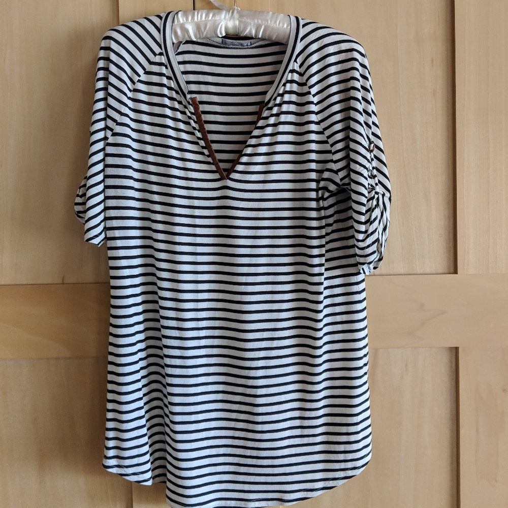 Market & Spruce Striped Top with Faux Leather Deta